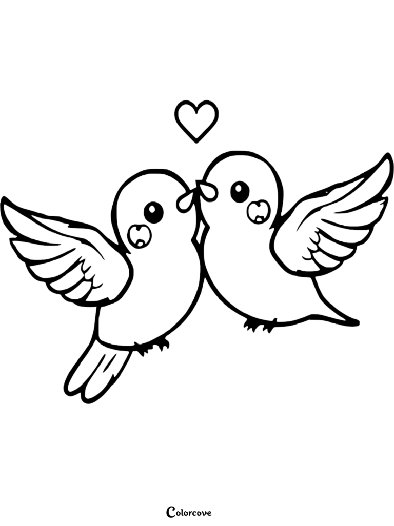 Deux inséparables volant ensemble avec un symbole de cœur au-dessus d'eux dans ce coloriage gratuit à imprimer.