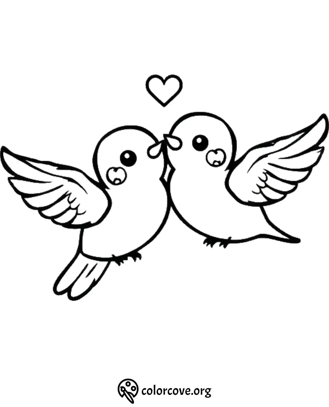 Two cute birds with hearts coloring page, perfect for kids and Valentine's Day creativity.