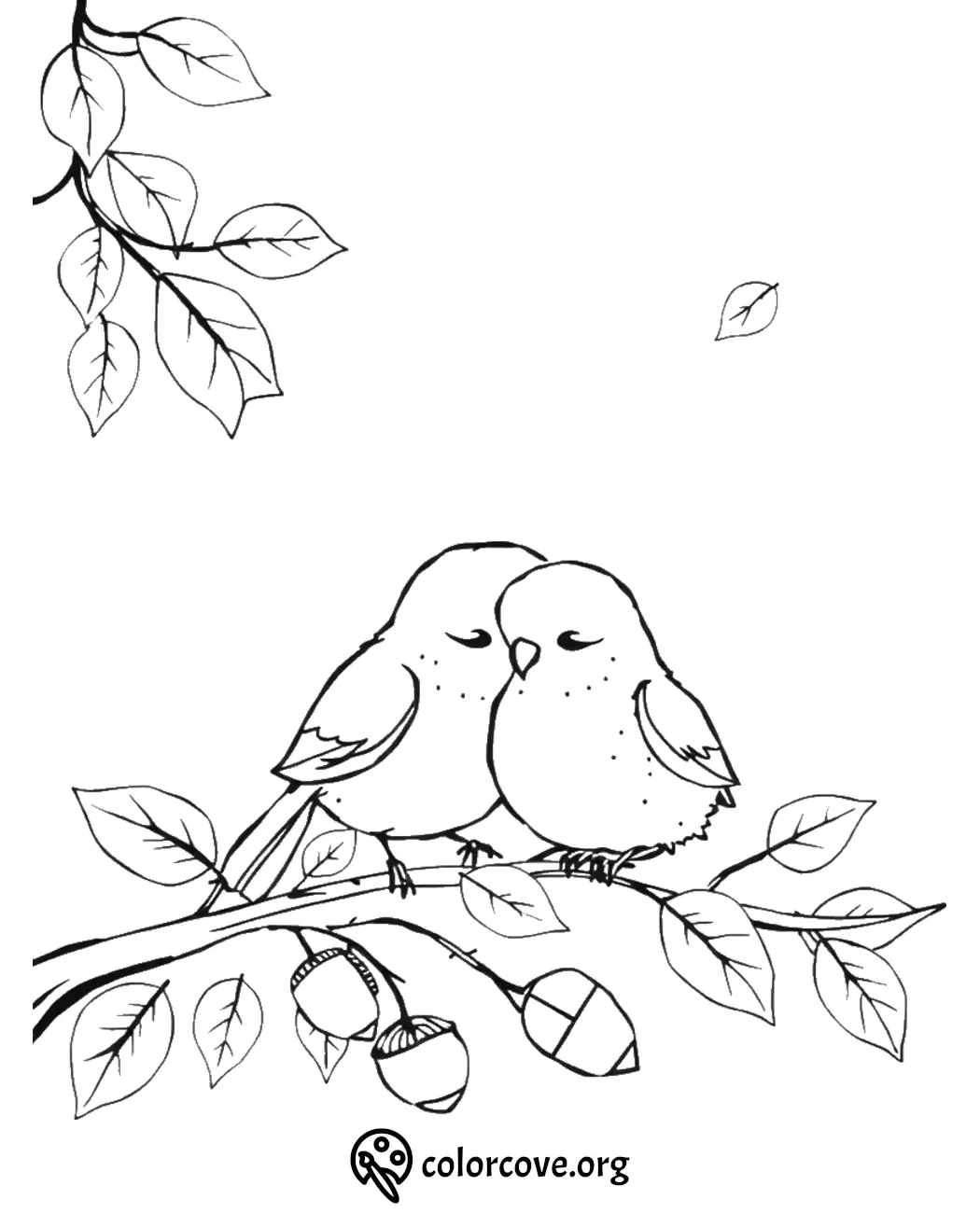 Two birds cuddling on a branch with leaves and acorns, coloring page from colorcove.org