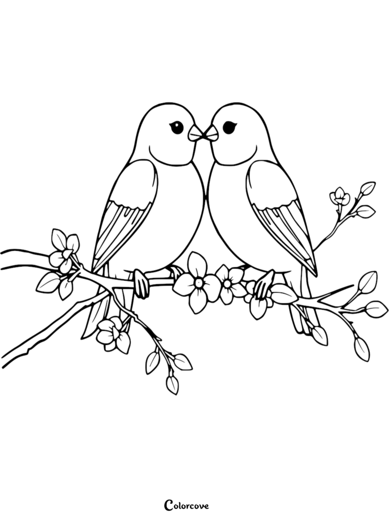 Deux inséparables perchés sur une branche fleuri dans ce coloriage à imprimer.