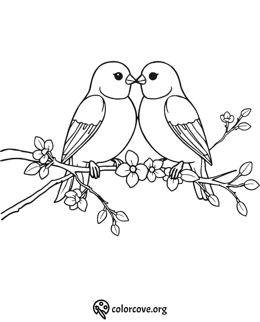 Two birds sitting on a flowering branch coloring page.