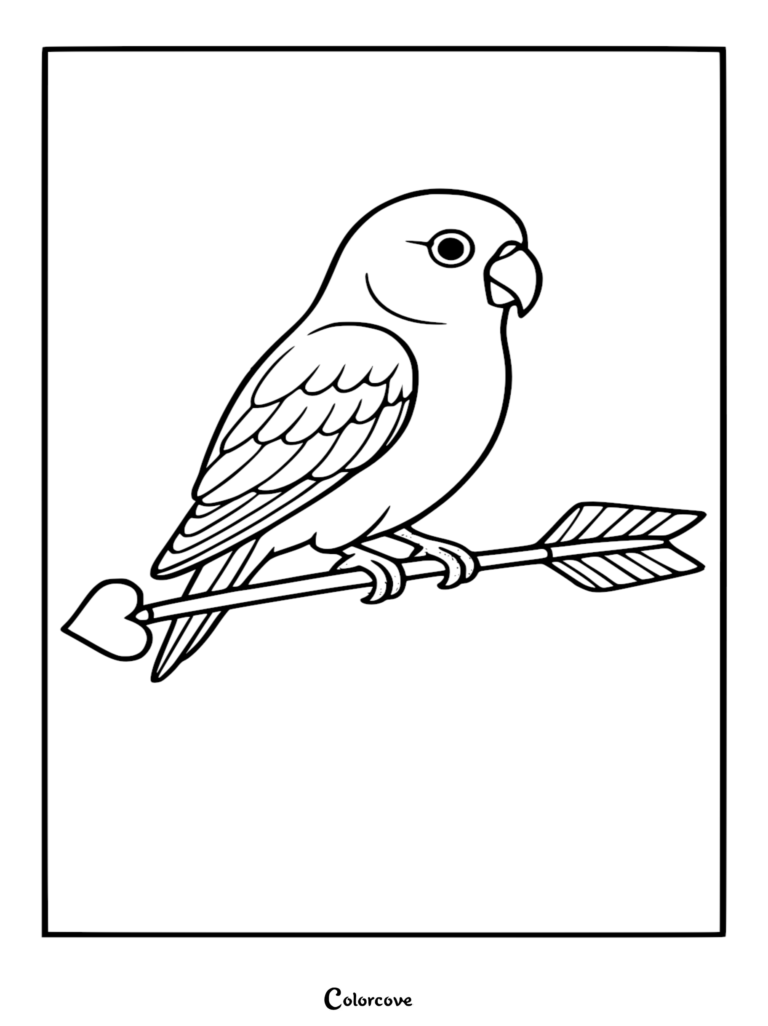 lovebird sits perched on a heart-tipped Cupid arrow.