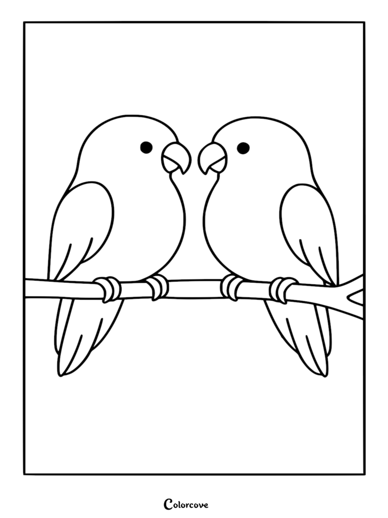 Deux inséparables mignons perchés ensemble sur une branche dans ce coloriage à imprimer.