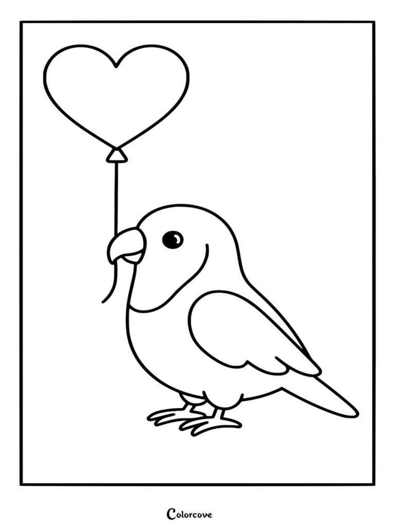 Un inséparable mignon tenant un ballon en forme de cœur dans son bec, coloriage à imprimer.