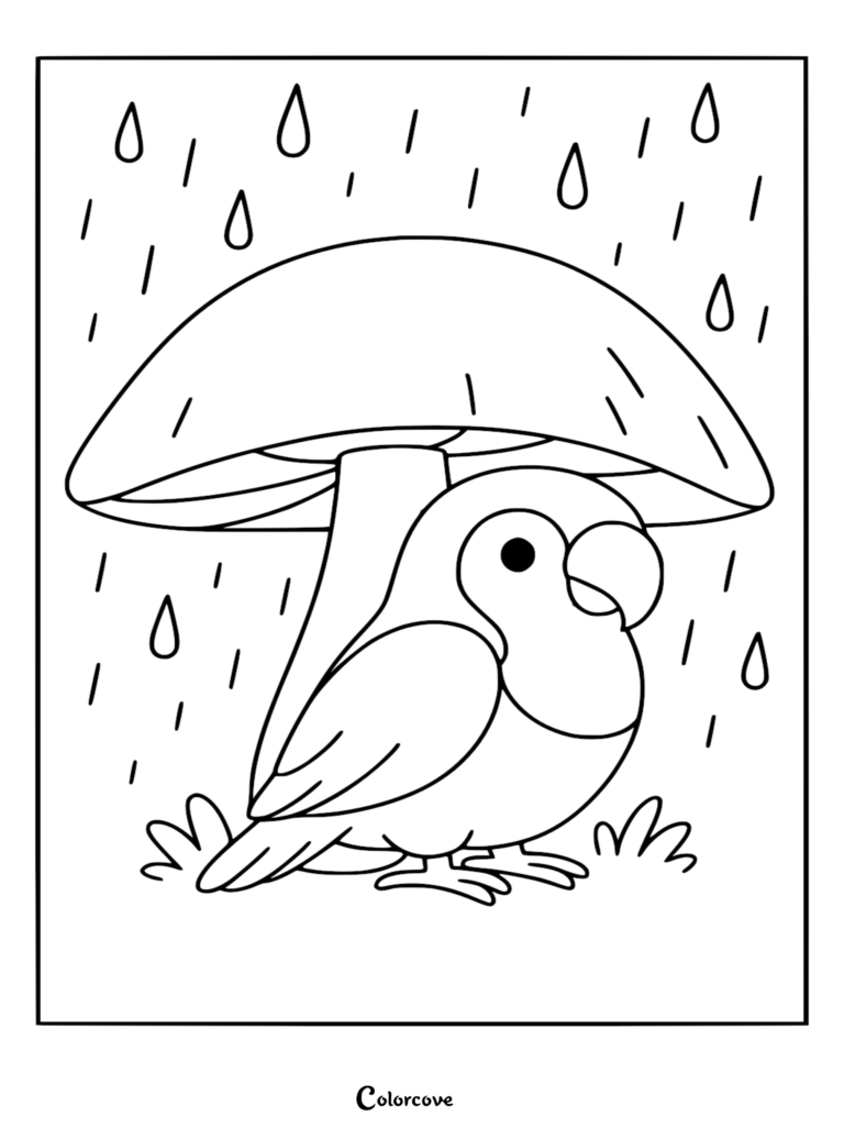 Un inséparable mignon s'abritant sous un grand champignon pendant un orage dans ce coloriage à imprimer.