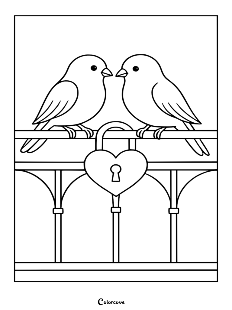 Deux inséparables perchés sur une rampe avec un cadenas en forme de cœur dans ce coloriage à imprimer.