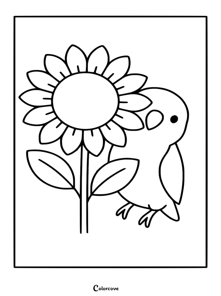 Un coloriage au trait simple représentant un inséparable mignon debout à côté d'un grand tournesol en fleurs.