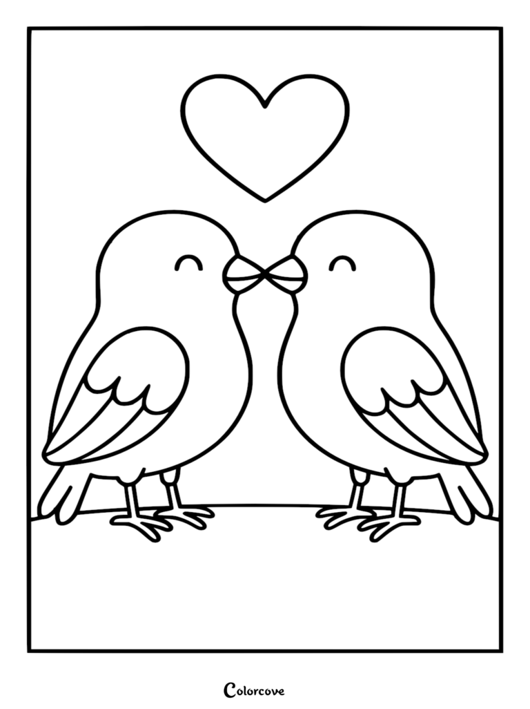 Deux inséparables mignons qui s'embrassent sous une forme de cœur dans ce coloriage gratuit à imprimer.