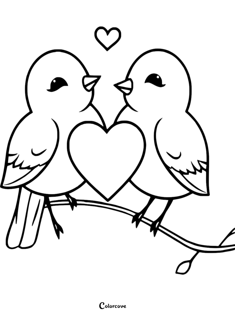 Deux inséparables mignons perchés sur une branche avec un grand cœur entre eux dans ce coloriage à imprimer.