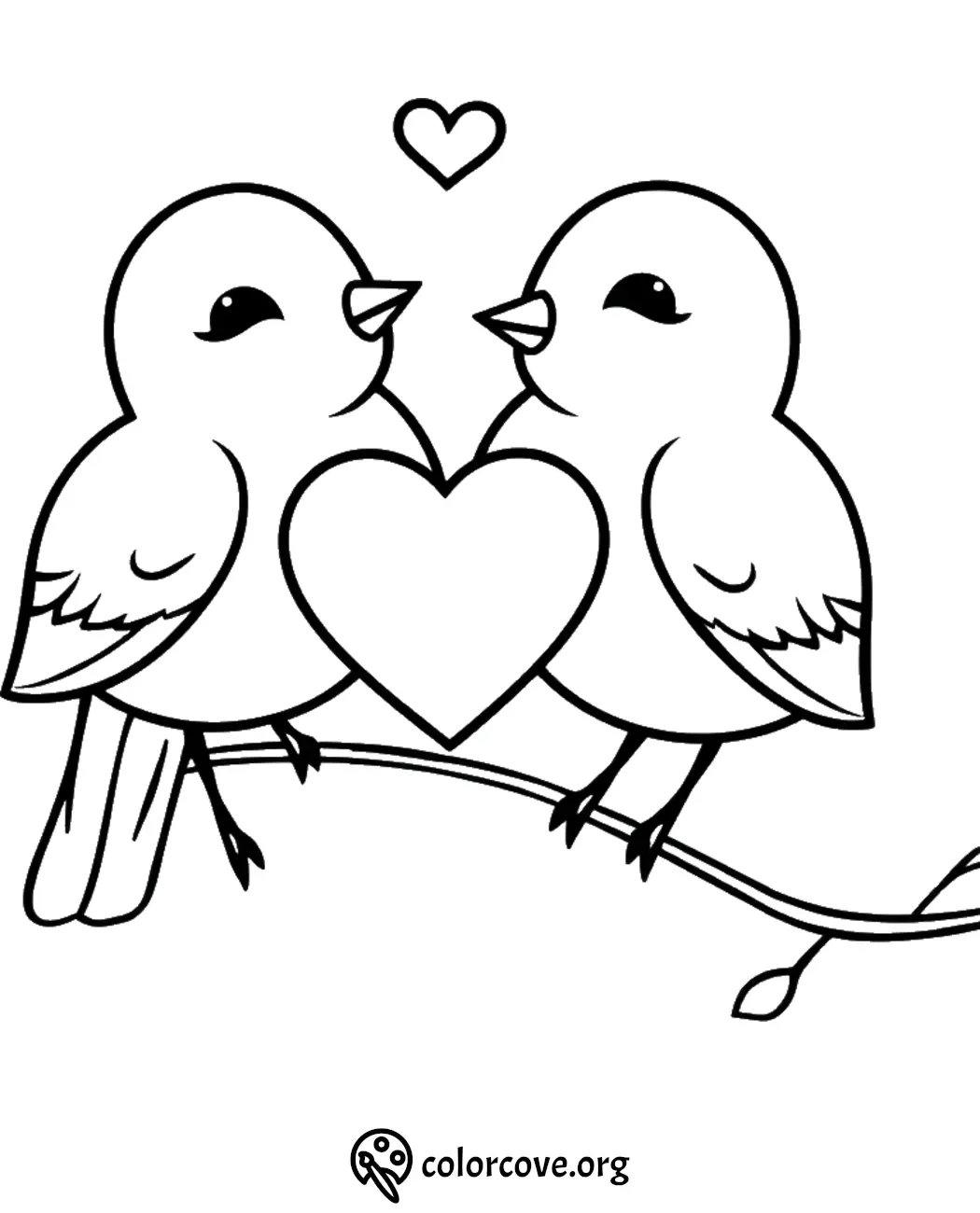 Two cute birds on a branch holding a heart, perfect for Valentine's Day coloring activity.