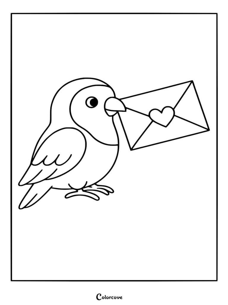 Un inséparable mignon tenant une enveloppe timbrée d'un cœur dans son bec, coloriage à imprimer.
