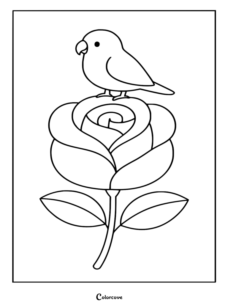 Un coloriage au trait simple représentant un inséparable mignon perché au sommet d'une grande rose en fleurs avec deux feuilles.