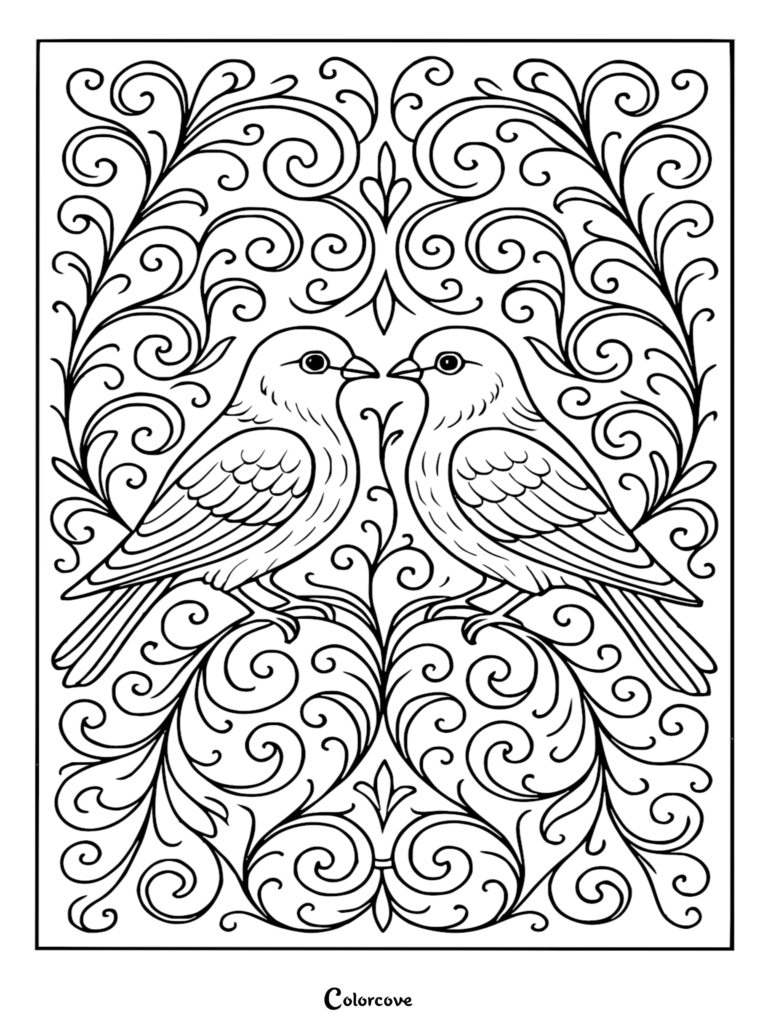 Deux inséparables se faisant face entourés de motifs floraux entrelacés complexes dans ce coloriage à imprimer.