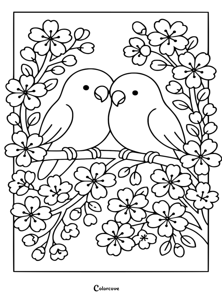 Two lovebirds sitting together on a blooming cherry blossom branch.