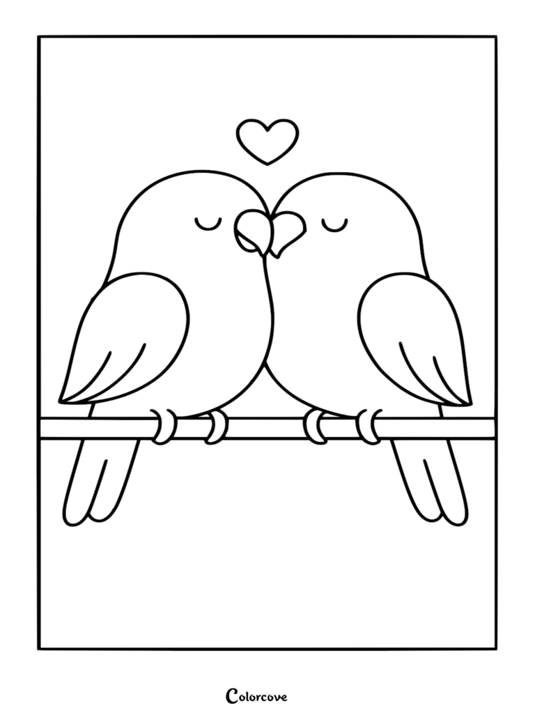 Deux inséparables mignons perchés sur une branche en train de s'embrasser avec un cœur au-dessus d'eux dans ce coloriage à imprimer.