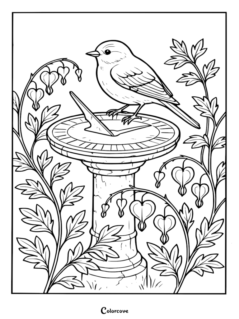 Un coloriage à imprimer représentant un inséparable perché sur un cadran solaire de jardin entouré de fleurs de cœur de Marie.