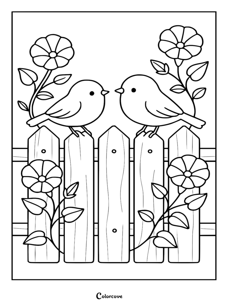 Deux inséparables perchés sur une clôture en bois entourés de fleurs dans ce coloriage à imprimer.
