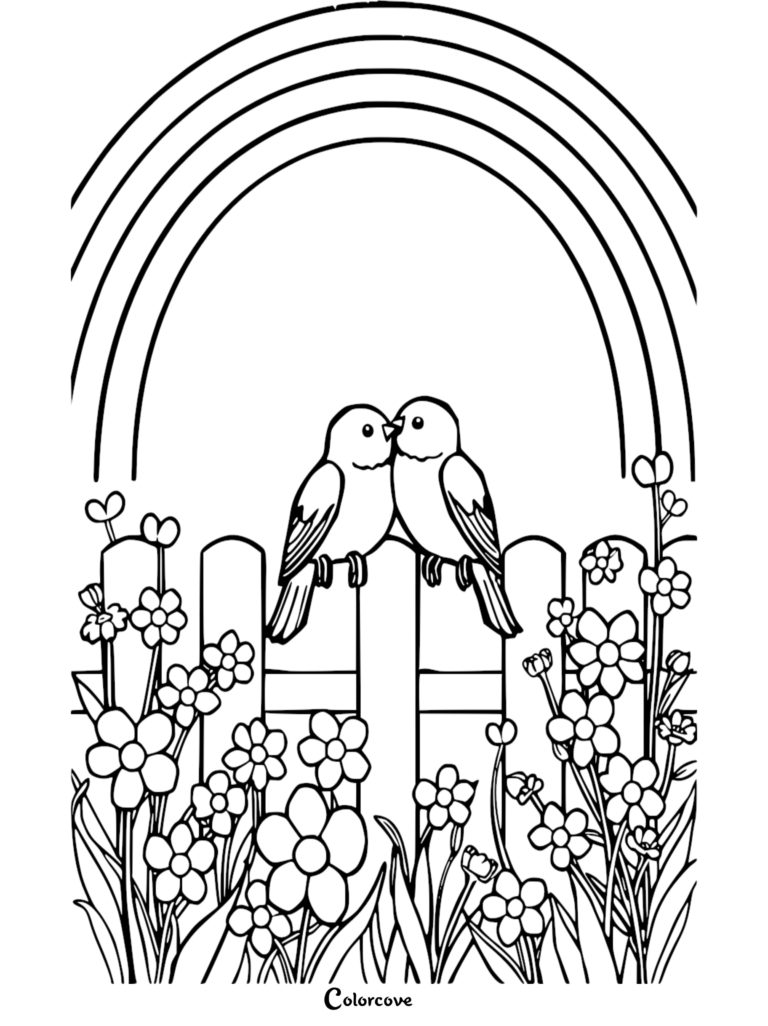 Deux inséparables perchés sur une clôture en bois sous un arc-en-ciel, entourés de fleurs dans ce coloriage à imprimer.