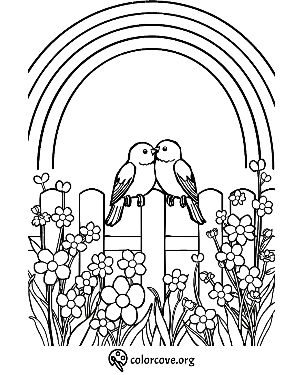 Two birds on a fence surrounded by flowers under a rainbow coloring page. Perfect for relaxation and creativity.