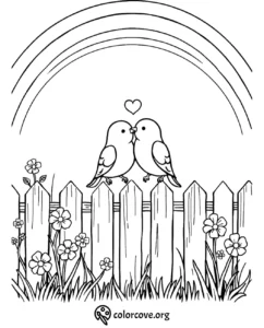 Cute birds on a fence coloring page with a rainbow and flowers, perfect for kids’ art projects and relaxation.