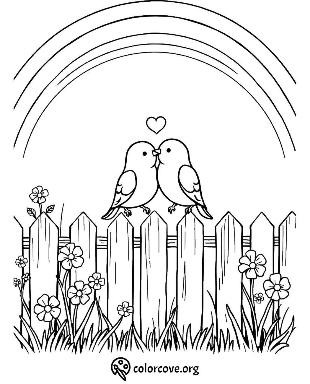 Cute birds on a fence coloring page with a rainbow and flowers, perfect for kids’ art projects and relaxation.