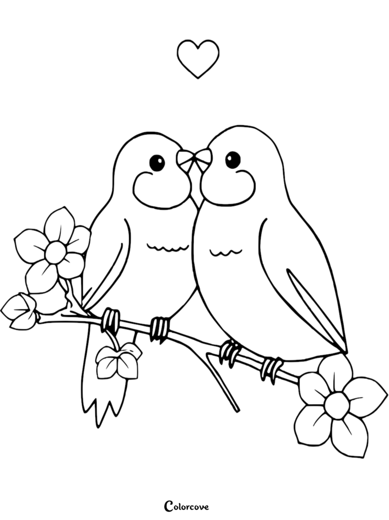 Deux inséparables perchés sur une branche fleuri avec un cœur au-dessus d'eux dans ce coloriage gratuit à imprimer.