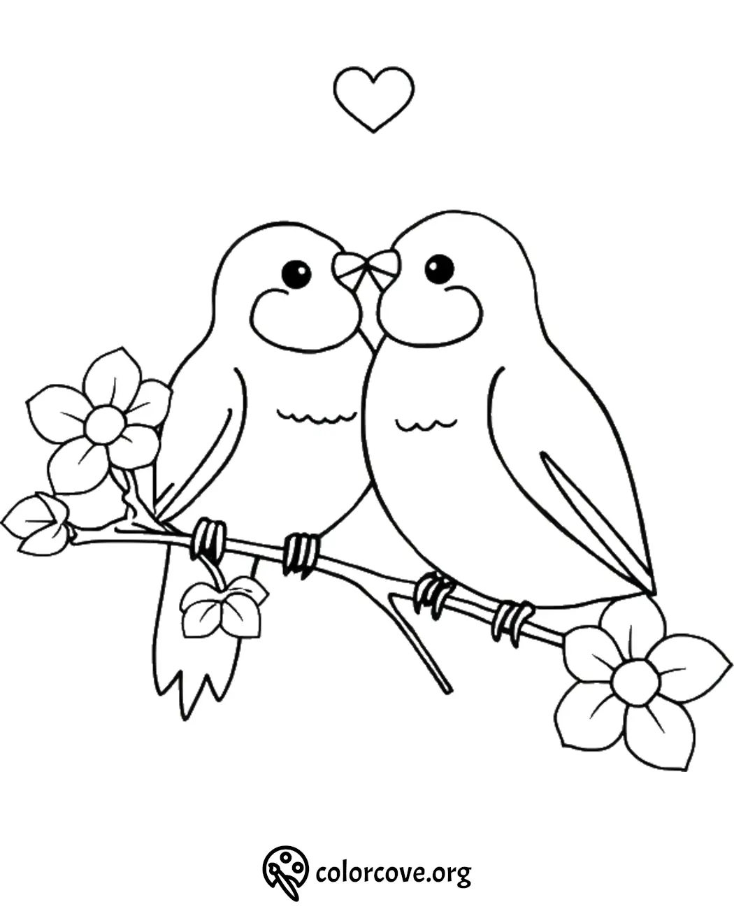 Two lovebirds on a branch with flowers and a heart, coloring page.