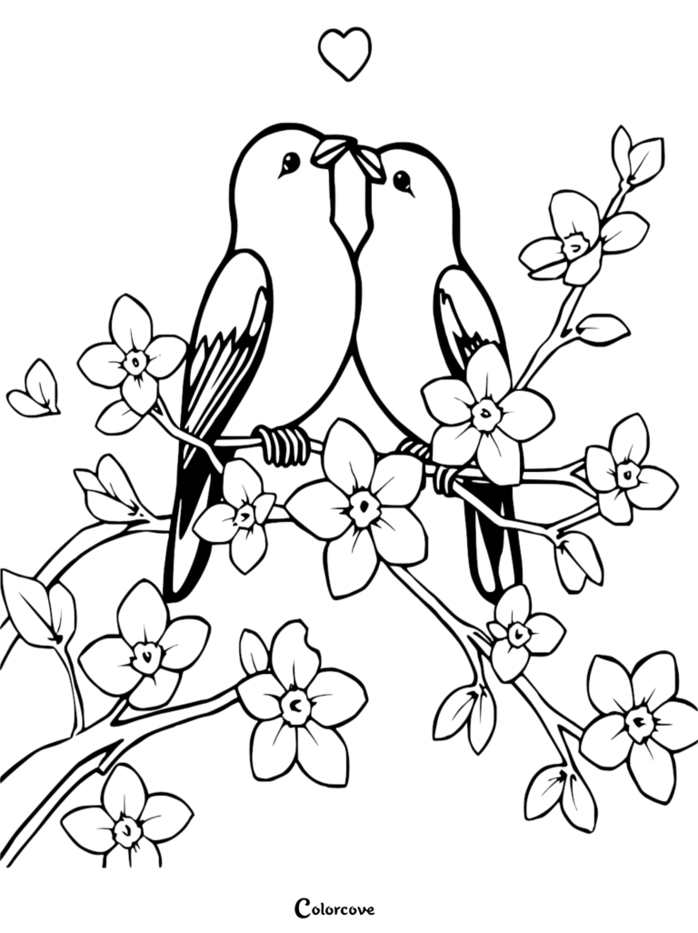 Deux inséparables perchés sur une branche fleuri avec un cœur au-dessus d'eux dans ce coloriage à imprimer.