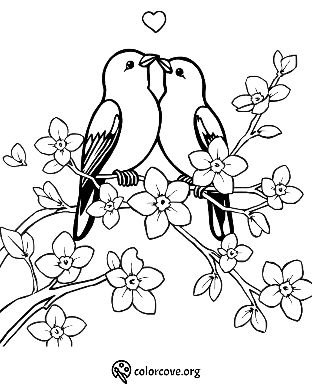 Coloring page of two lovebirds on a branch with flowers and hearts. Perfect for creative coloring fun.