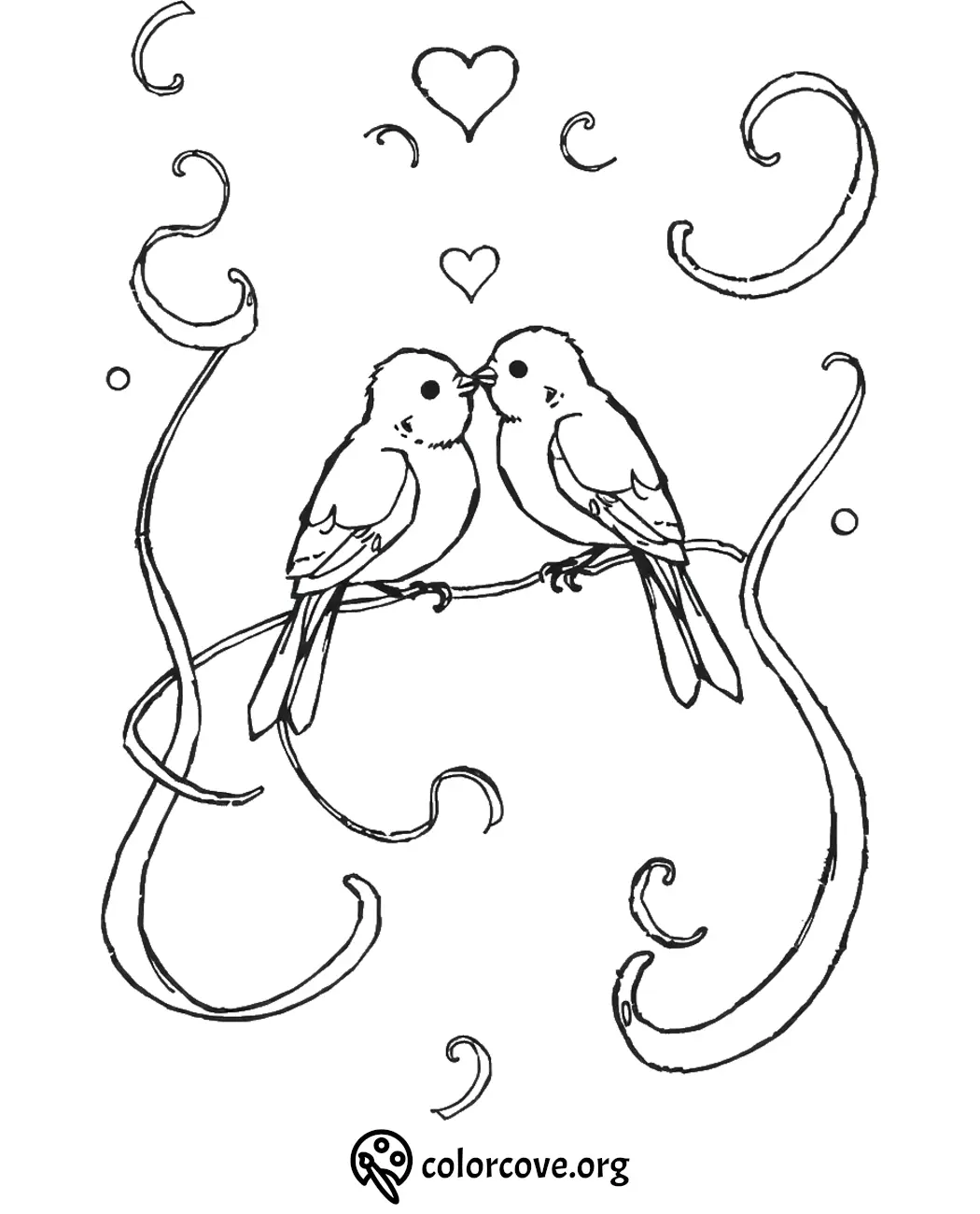 Birds on a branch with decorative swirls and hearts, coloring page for kids - colorcove.org.