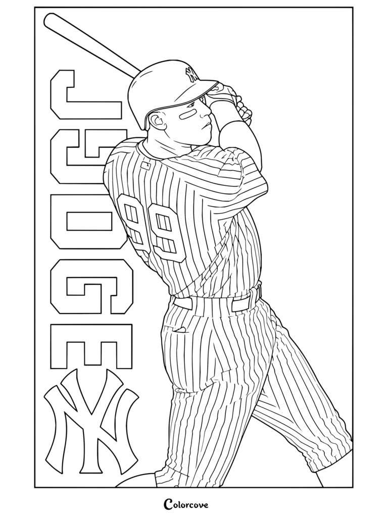 Dibujo para colorear de Aaron Judge bateando con el uniforme de rayas de los Yankees con el famoso bateador de poder de MLB en un swing potente.