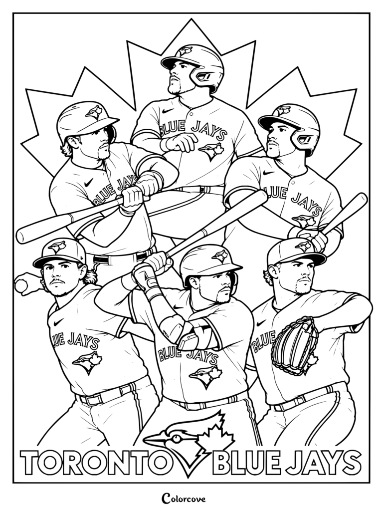 Dibujo para colorear de jugadores de Toronto Blue Jays con un mosaico del equipo de MLB y una hoja de arce canadiense al fondo.