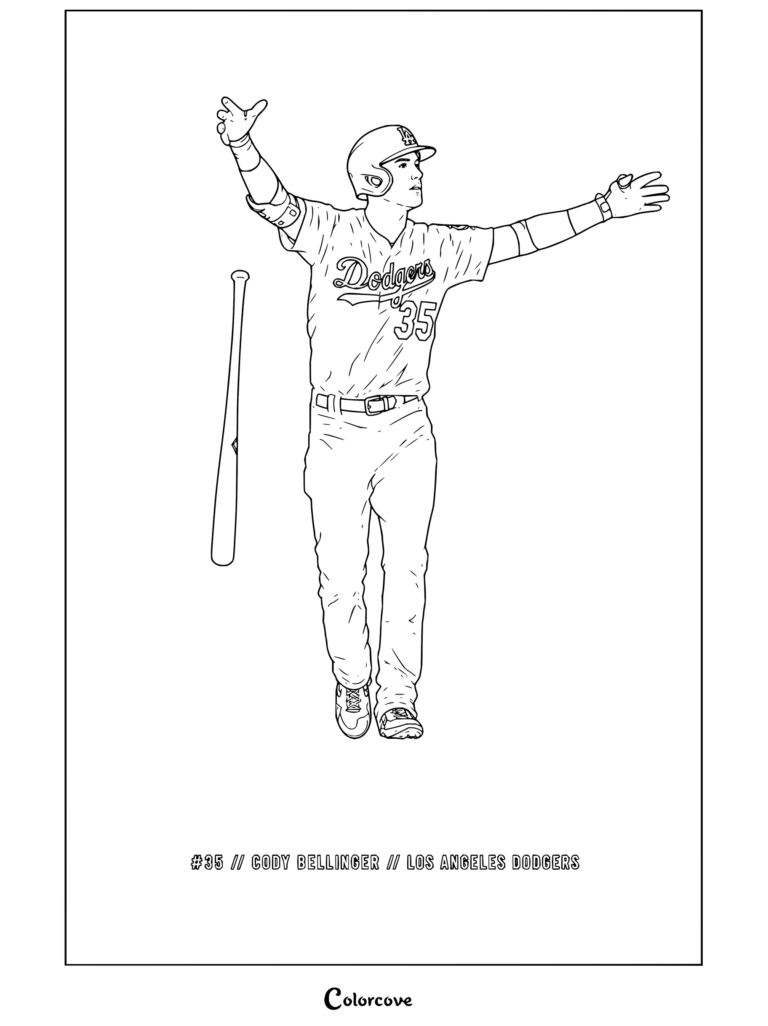 Dibujo para colorear de Cody Bellinger con Los Angeles Dodgers celebrando con el bate para aficionados de MLB