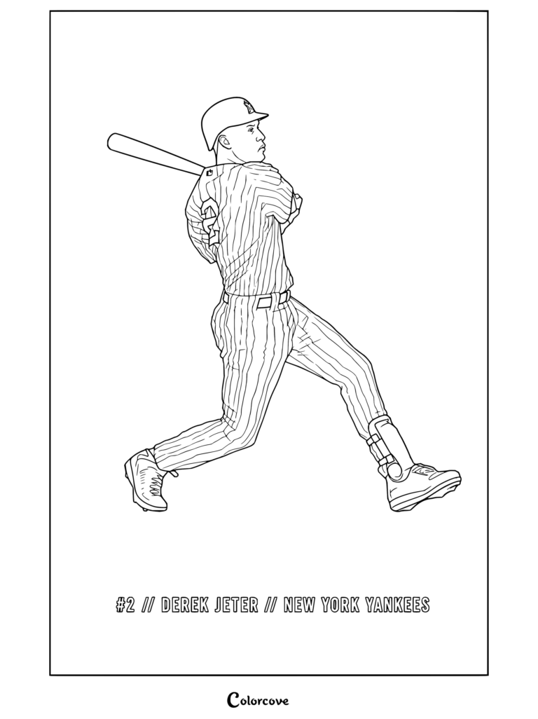 Dibujo para colorear imprimible gratuito de la leyenda de MLB Derek Jeter de New York Yankees en una dinámica postura de bateo.