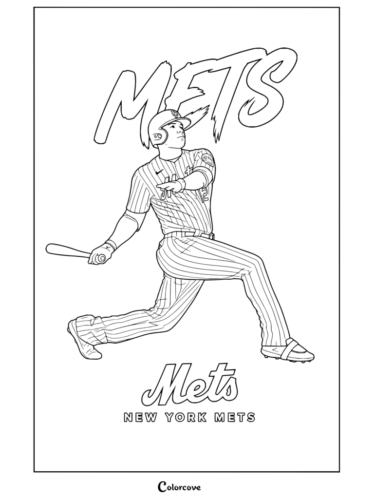 Dibujo para colorear de MLB con Francisco Álvarez de New York Mets bateando en una escena de postemporada.