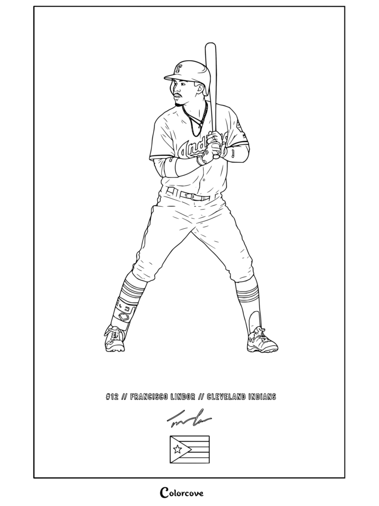 Dibujo para colorear del jugador de béisbol Francisco Lindor de Cleveland Indians en postura de bateo para aficionados de MLB