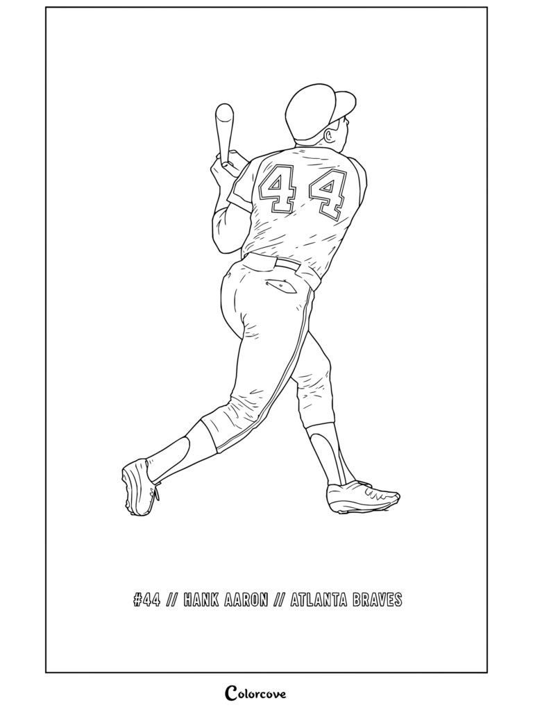 Dibujo para colorear del jugador de béisbol Hank Aaron de Atlanta Braves bateando con el jersey número 44 para aficionados de MLB.