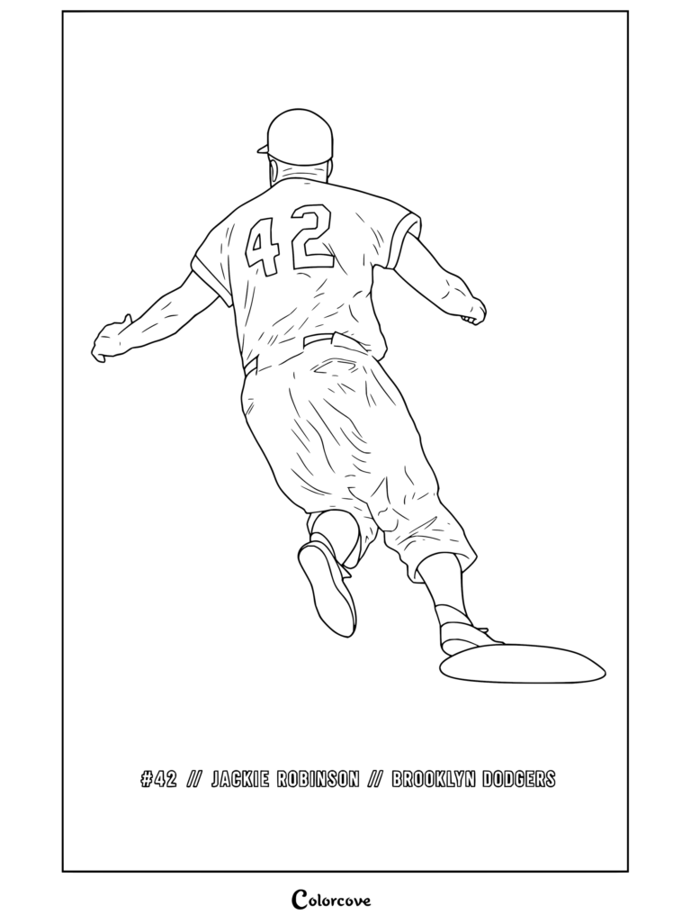 Dibujo para colorear gratuito de MLB con Jackie Robinson corriendo a la base para los Brooklyn Dodgers con el número 42