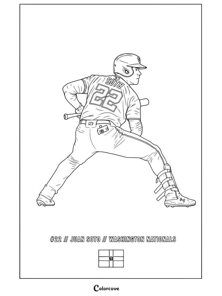 Dibujo para colorear de MLB con Juan Soto de Washington Nationals en una dinámica postura de bateo.