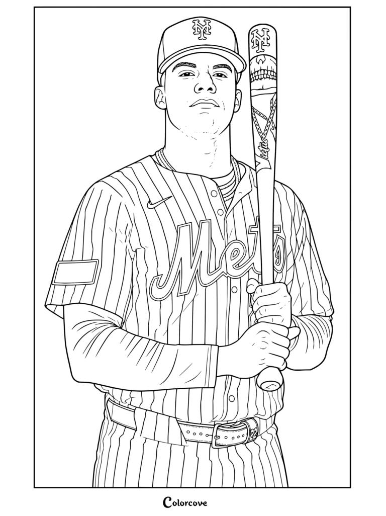 Dibujo para colorear imprimible de MLB de Juan Soto con el uniforme de rayas de New York Mets sosteniendo un bate.