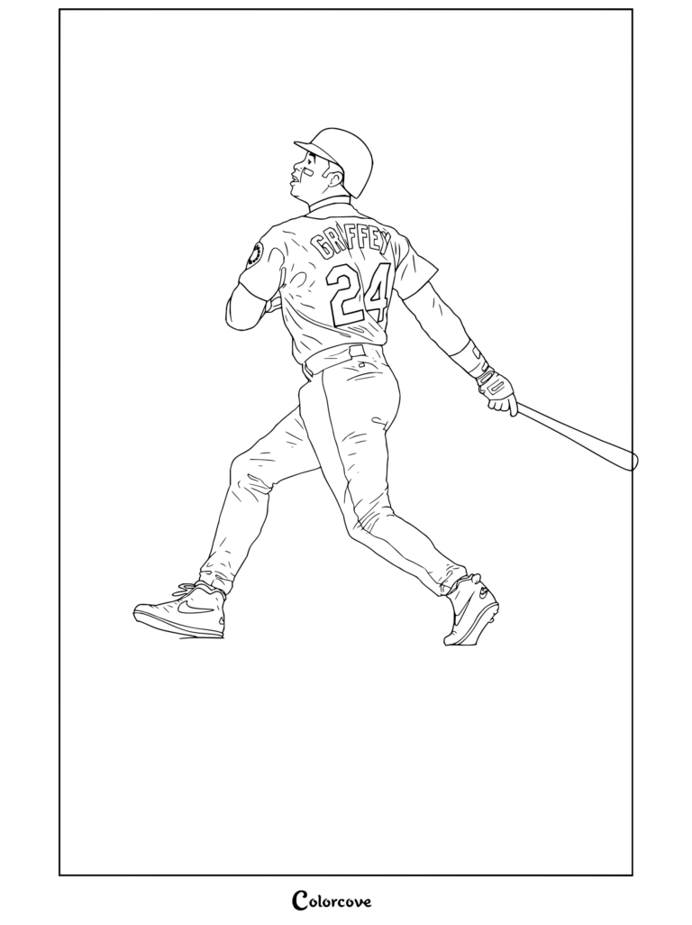 Dibujo para colorear del jugador de béisbol Ken Griffey Jr. de Seattle Mariners en una dinámica pose de bateo para aficionados de MLB.