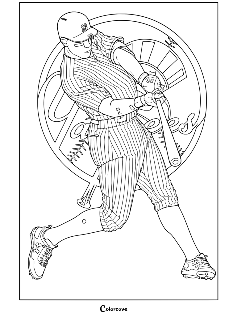 Dibujo para colorear de MLB con Aaron Judge como bateador de poder de New York Yankees abanicando su bate en uniforme de rayas con el logo de los Yankees al fondo.