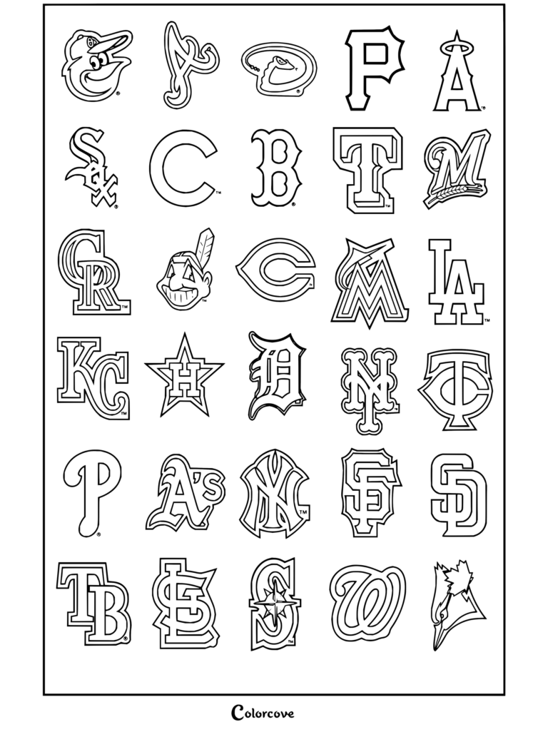 Dibujo para colorear con una cuadrícula de logos de equipos de la MLB.