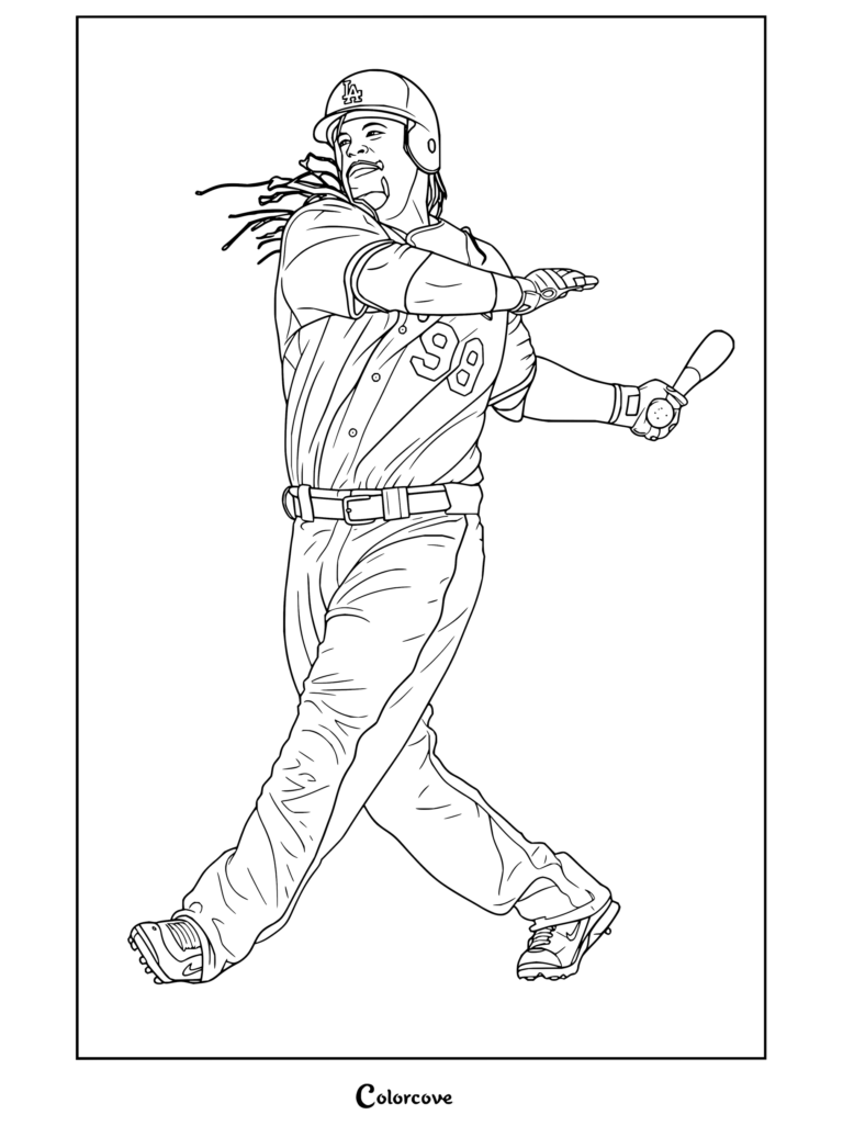 Dibujo para colorear de Manny Ramírez bateando con el uniforme de los Dodgers para aficionados de MLB