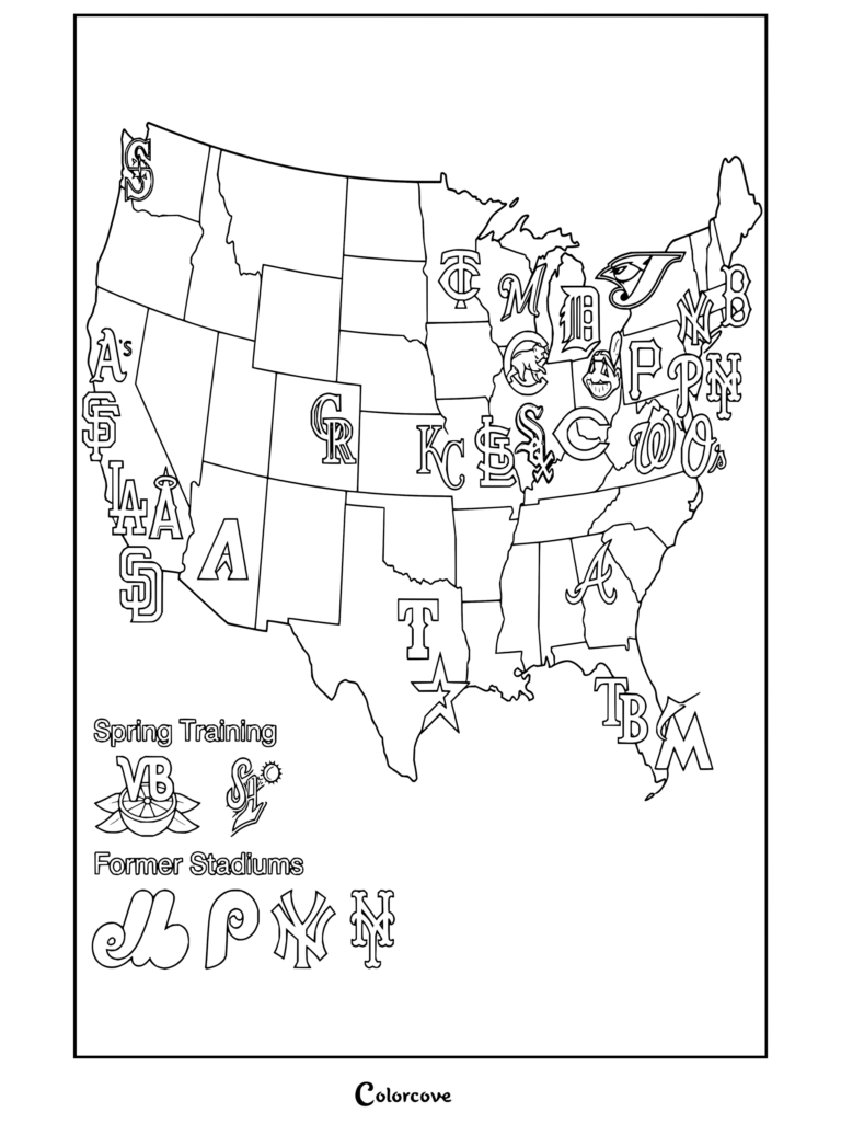 Dibujo para colorear de la MLB con un mapa de Estados Unidos que muestra las ubicaciones y los logos de los equipos de la MLB.