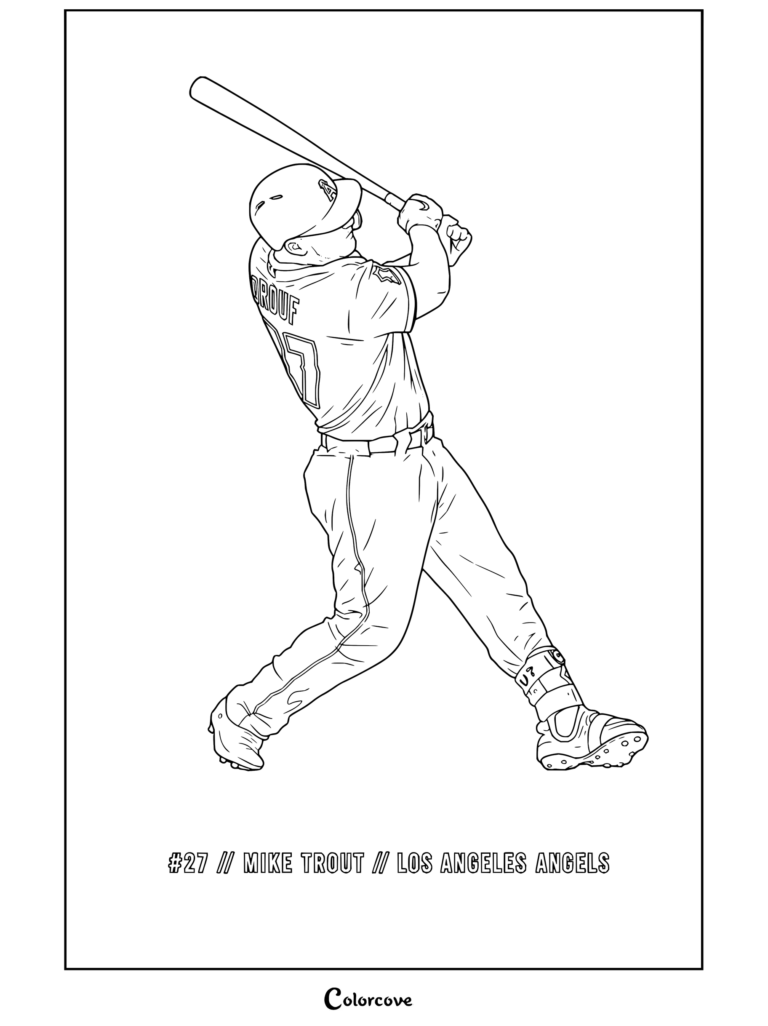 Dibujo para colorear de MLB para niños y adultos con Mike Trout en pose de bateo con Los Angeles Angels.
