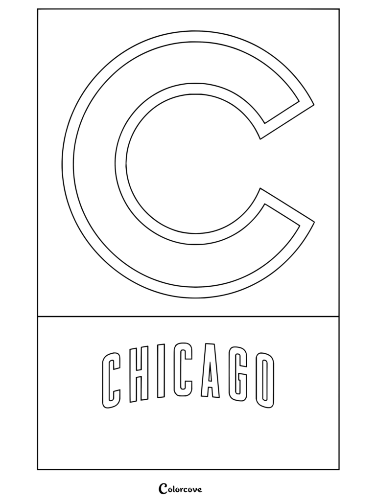 Dibujo para colorear del logo de Chicago Cubs de la MLB con una gran letra C contorneada y texto debajo.