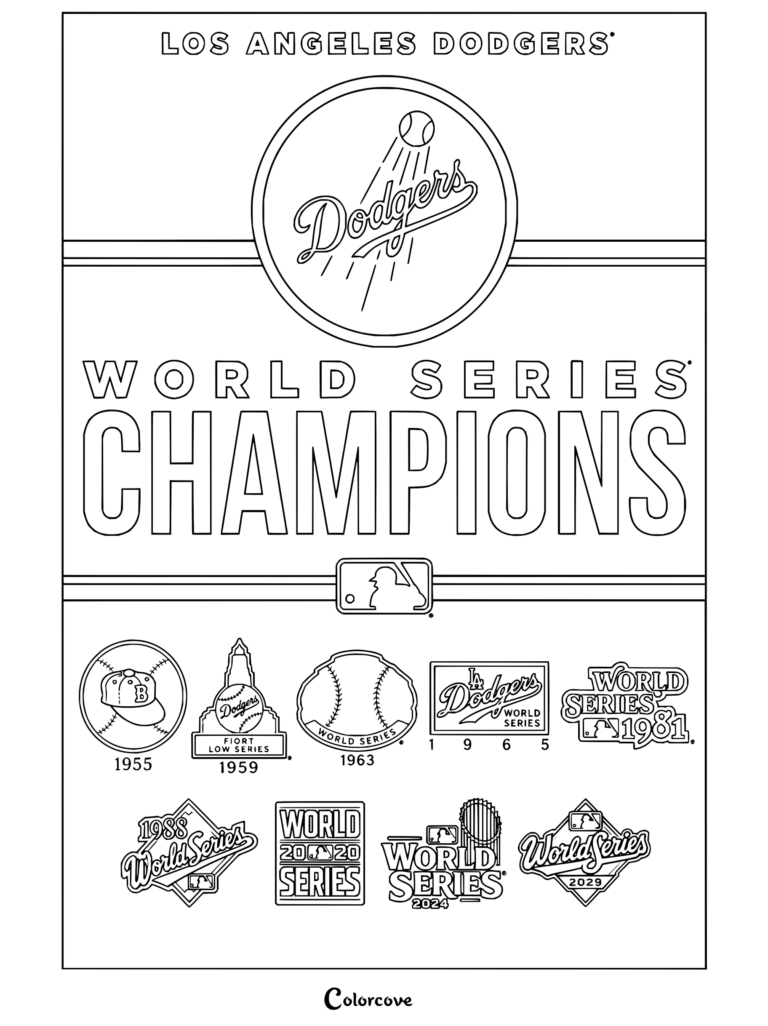 Dibujo para colorear de Los Angeles Dodgers campeones de la Serie Mundial con logotipos y años conmemorativos.