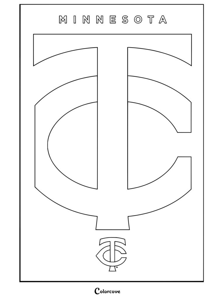 Dibujo para colorear e imprimir de la MLB con el logo TC de Minnesota Twins y el nombre del equipo en la parte superior.