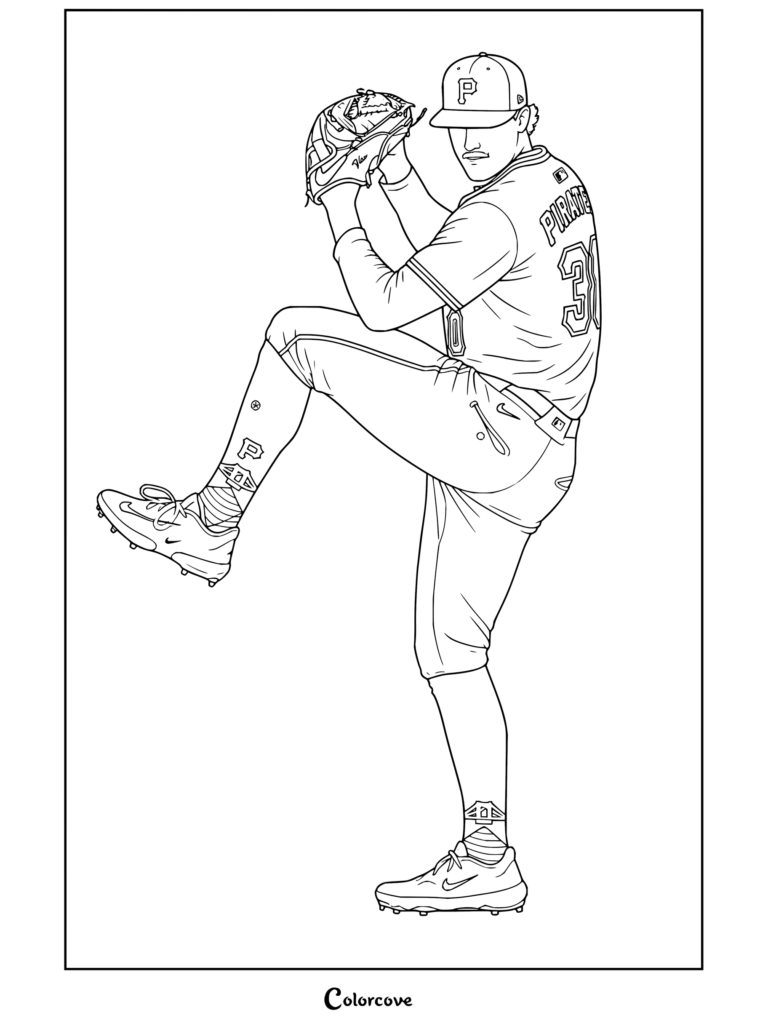 Dibujo para colorear de Paul Skenes lanzando con bigote y el uniforme de Pittsburgh Pirates para aficionados de MLB